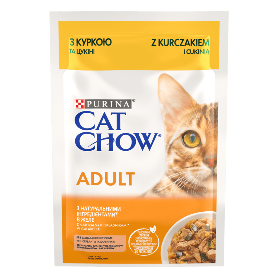 CAT CHOW® Консервований порційний повнораціонний корм для дорослих котів, з куркою та цукіні, ніжні шматочки в желе.