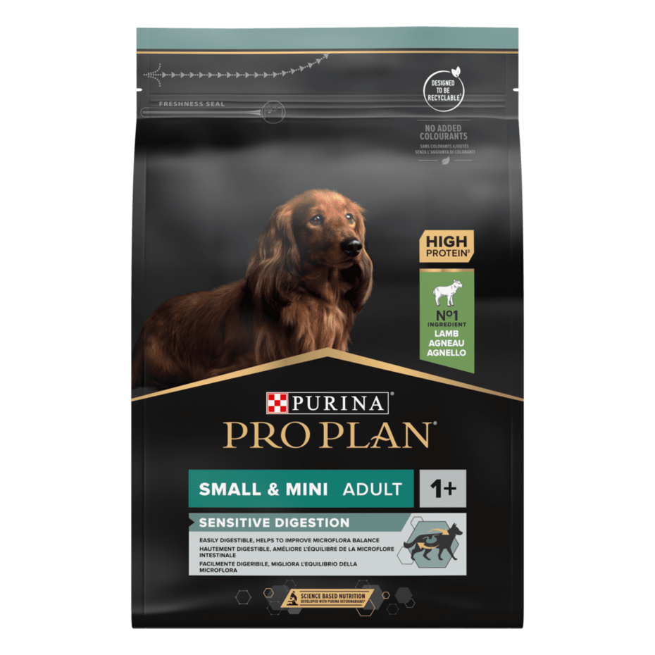 PRO PLAN®. Сухий повнораціонний корм для дорослих собак малих порід з чутливою системою травлення. З ягням.