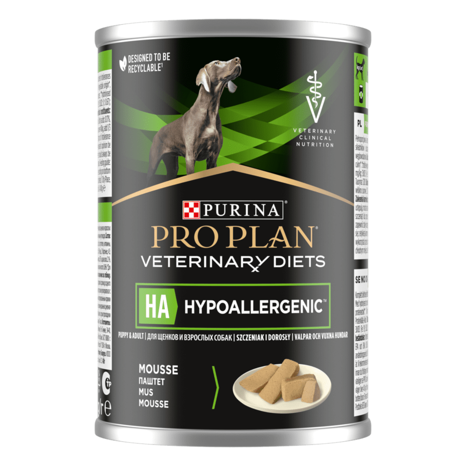 PRO PLAN® HA HYPOALLERGENIC. Ветеринарна дієта для собак для зниження ознак інгредієнтної непереносимості.