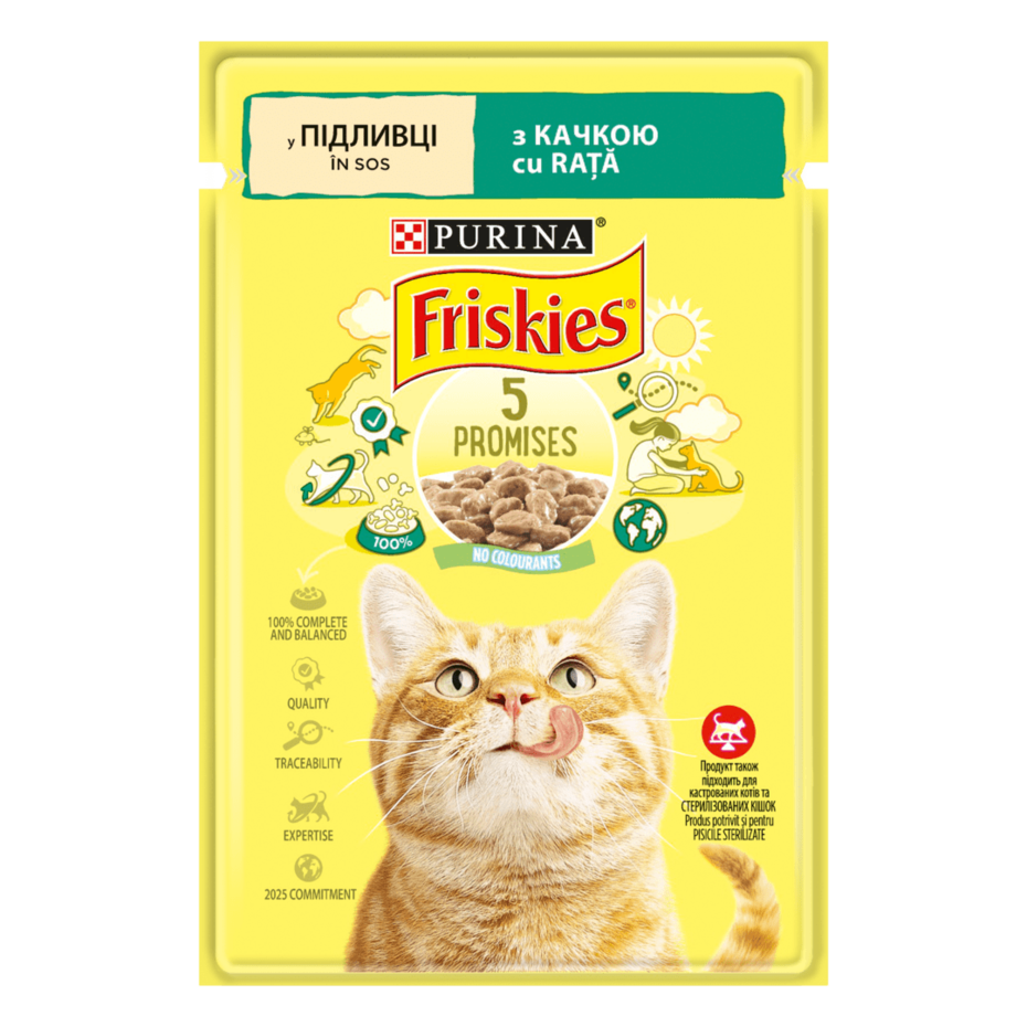 Friskies®. З качкою. Шматочки у підливці. Консервований порційний повнораціонний корм для дорослих котів.