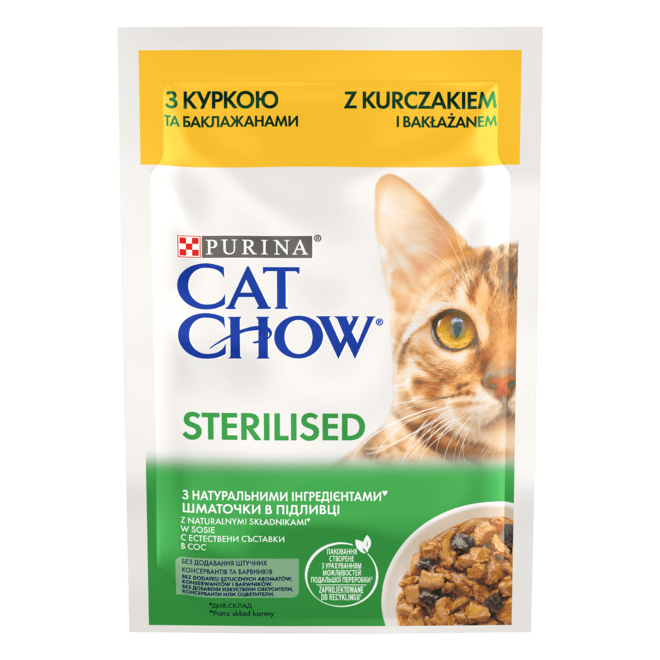 CAT CHOW® Консервований порційний повнораціонний корм для дорослих стерилізованих кішок/ кастрованих котів, з куркою та бакла