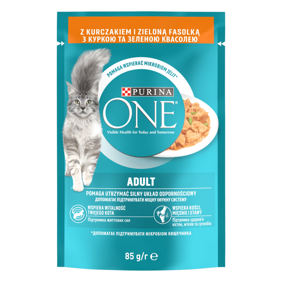 PURINA ONE® Adult (Едалт). Шматочки в соусі. Консервований порційний повнораціонний корм для дорослих котів з куркою та зелен
