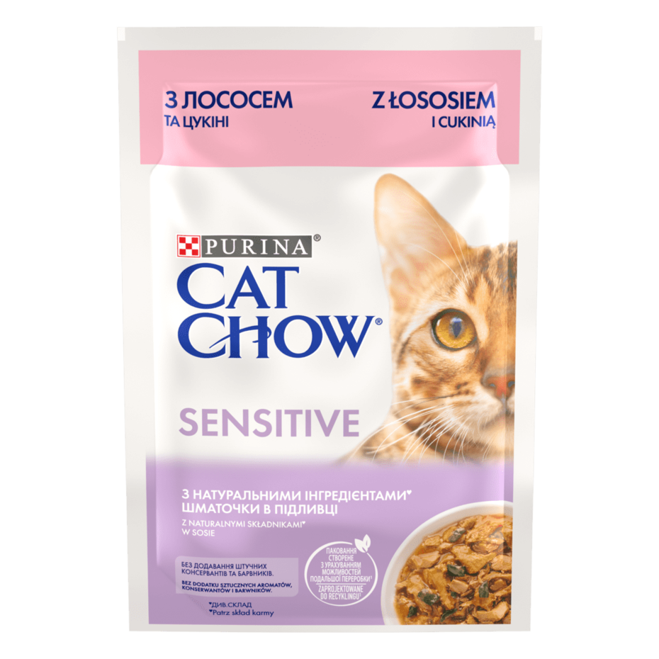 CAT CHOW® Консервований порційний повнораціонний корм для дорослих котів із чутливим травленням, з лососем та цукіні, шматочк