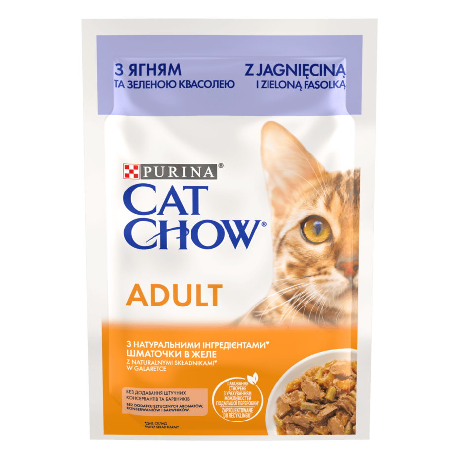 CAT CHOW® Консервований порційний повнораціонний корм для дорослих котів, з ягням та зеленою квасолею, ніжні шматочки в желе.
