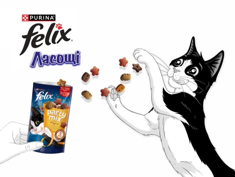 Кіт Felix поруч упаковкою ласощів
