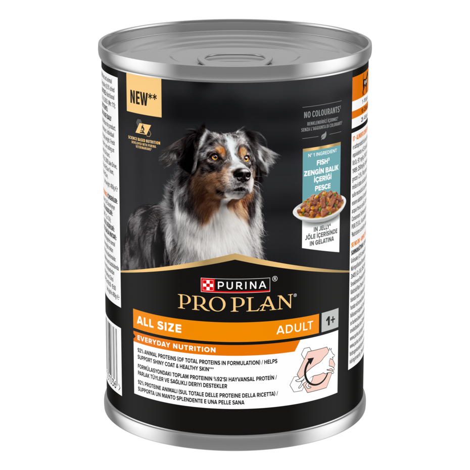 PURINA® PRO PLAN®. Консервований повнораціонний корм для дорослих собак будь-якого розміру, з рибою. Шматочки у желе.