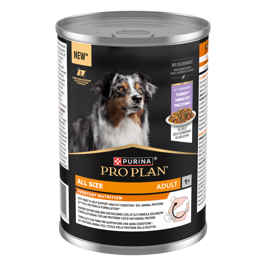 PURINA® PRO PLAN®. Консервований повнораціонний корм для дорослих собак будь-якого розміру, з індичкою. Шматочки у желе.