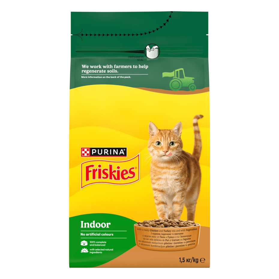 Friskies® Indoor (Індор). З куркою, індичкою та овочами. Сухий повнораціонний корм для дорослих котів, що живуть вдома.