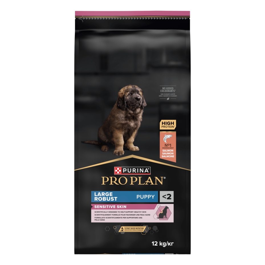 PURINA® PRO PLAN®. Сухий повнораціонний корм для цуценят великих порід масивної статури з чутливою шкірою. З лососем. Перед