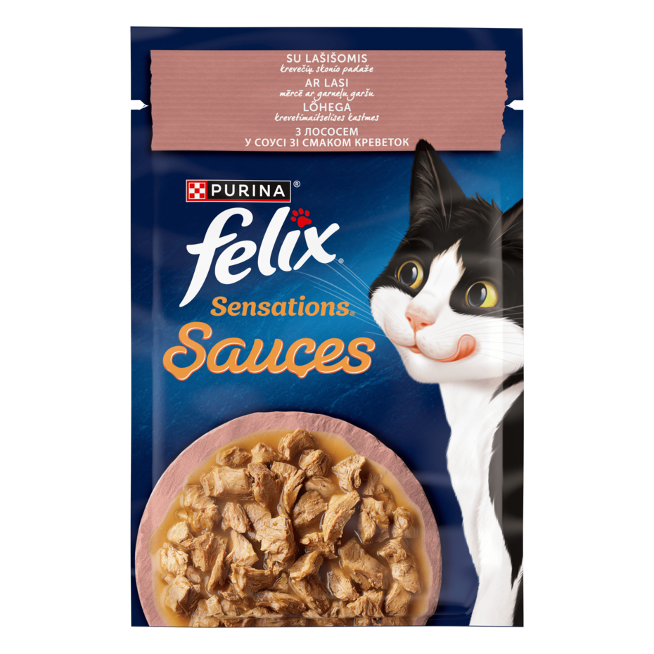 Пауч FELIX® SENSATIONS® SAUCES (Соуси). З лососем в соусі зі смаком креветок. Шматочки у соусі.