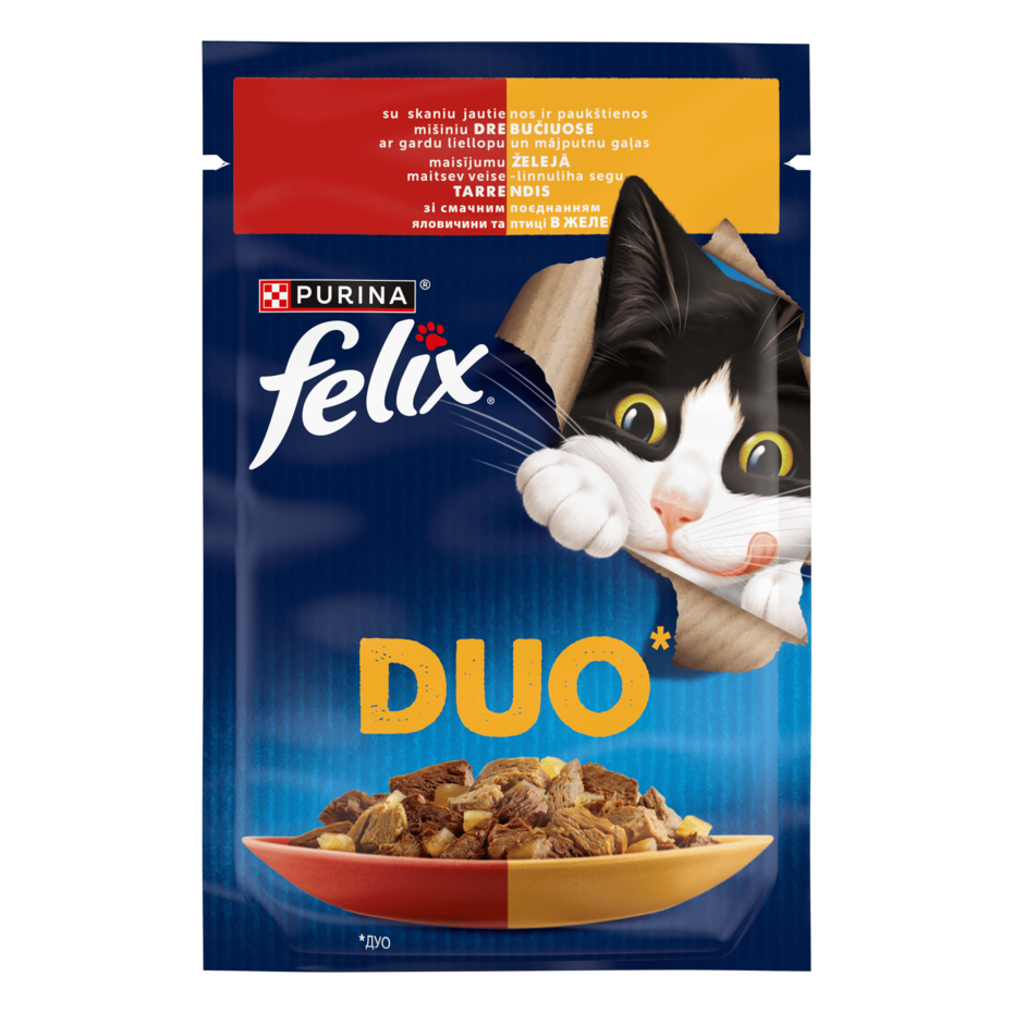 Пауч FELIX® DUO (Дуо). З яловичиною та птицею. Шматочки в желе.