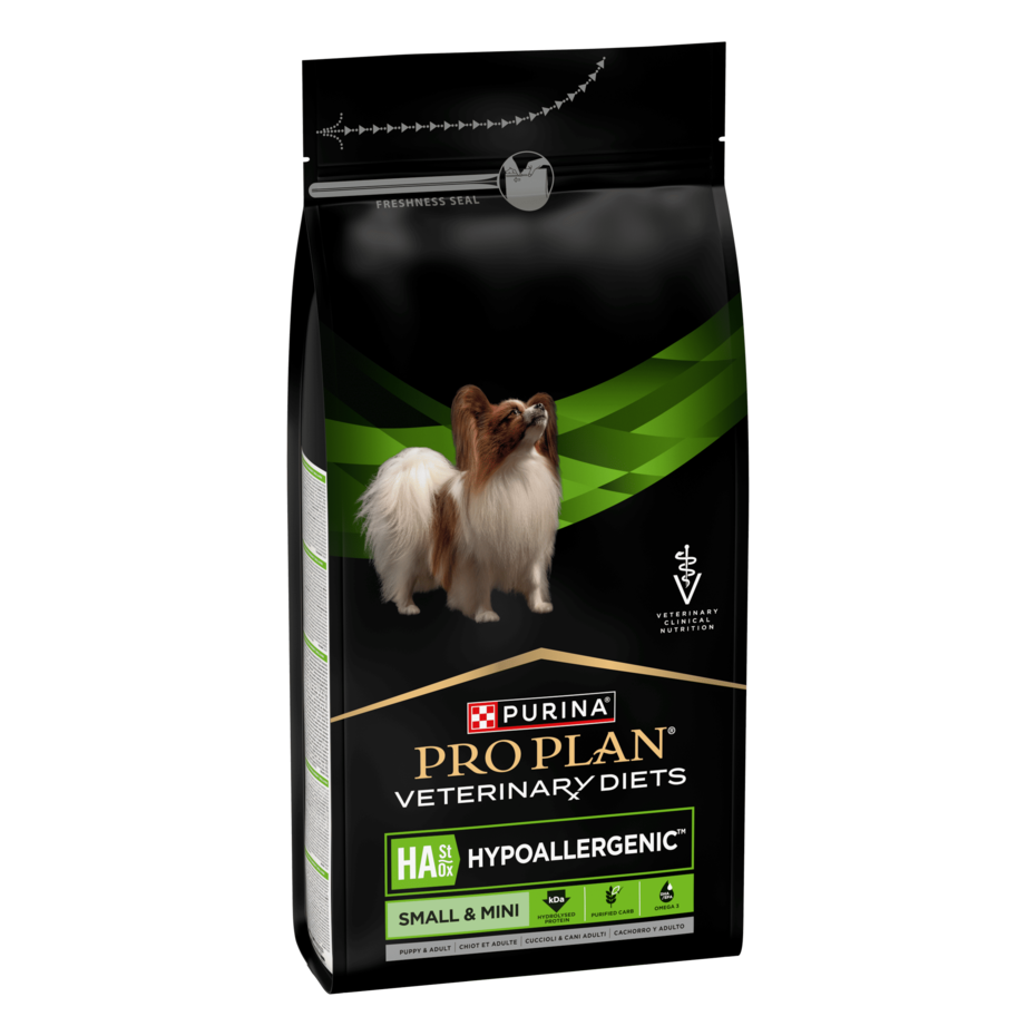 Лицьова сторона упаковки PRO PLAN® HA HYPOALLERGENIC. Ветеринарна дієта для собак малих порід