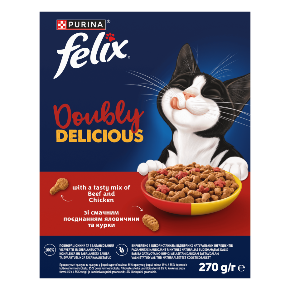 Felix® Doubly Delicious (Даблі Делішес). З яловичиною, куркою та буряком. Сухий повнораціонний корм для дорослих котів 270