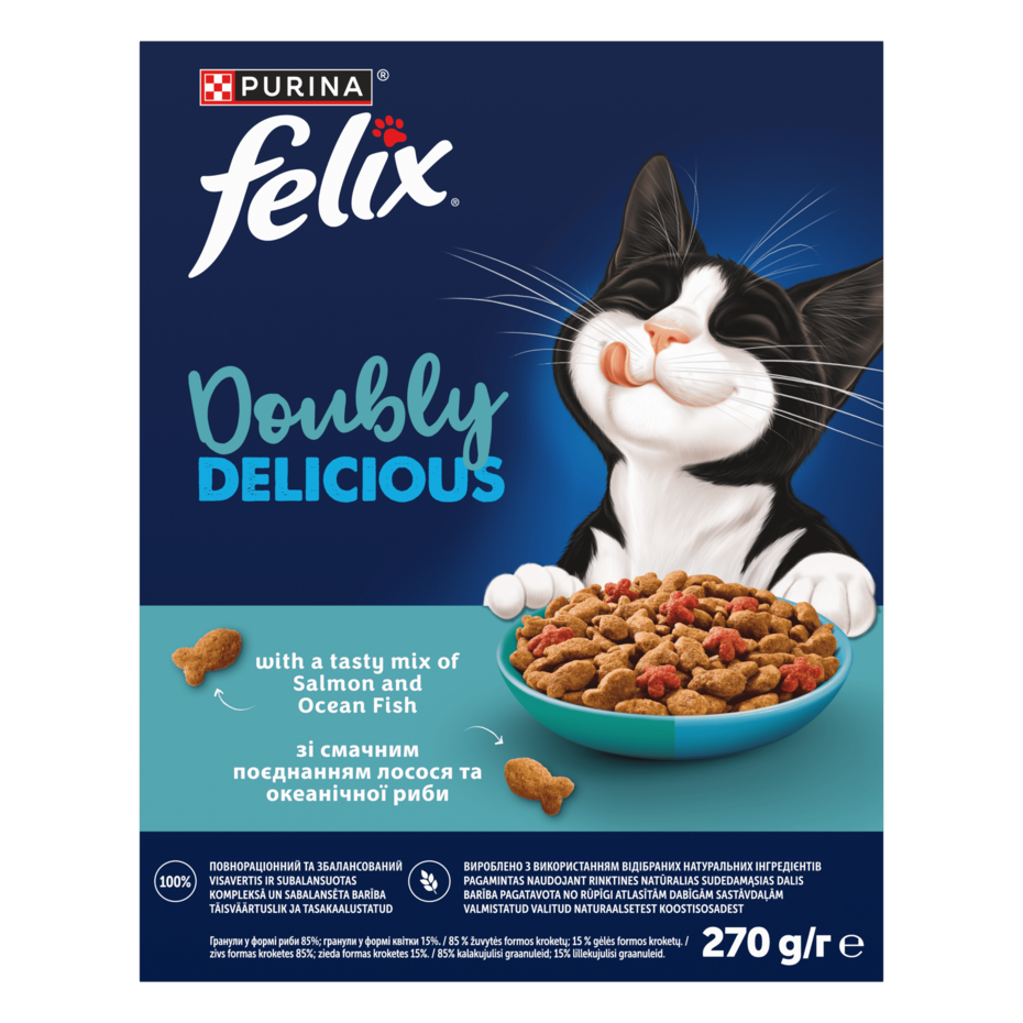 Felix® Doubly Delicious (Даблі Делішес). З лососем, океанічною рибою та буряком. Сухий корм для дорослих котів 270 гр