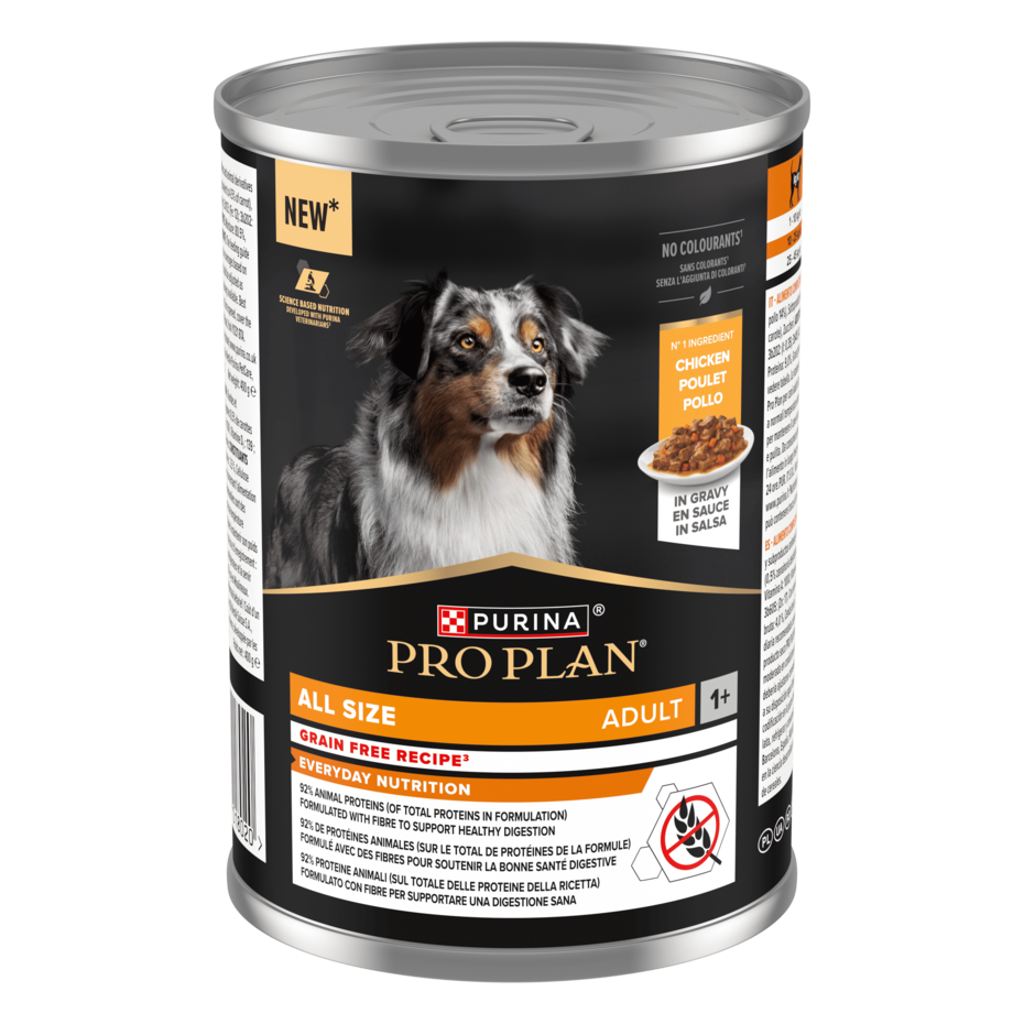 Пакування PURINA® PRO PLAN®. Консервований повнораціонний беззерновий корм для дорослих собак будь-якого розміру, з куркою.