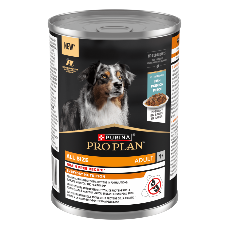 Упаковка PURINA® PRO PLAN®. Консервований повнораціонний беззерновий корм для собак з рибою у підливі