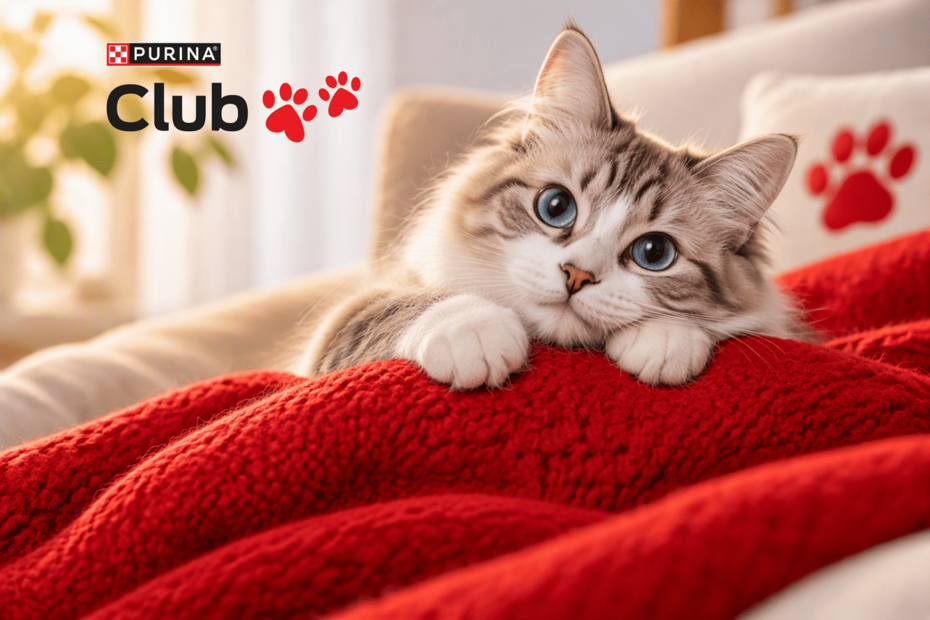 котик пуріна клбу на червоному пледі