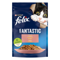 FELIX® FANTASTIC. З лососем. Шматочки у желе. Консервований порційний повнораціонний корм для дорослих котів.