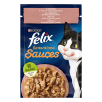 FELIX® SENSATIONS® SAUCES (Соуси). З лососем в соусі зі смаком креветок. Шматочки у соусі. Консервований порційний повнораціо