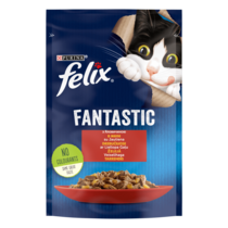 FELIX® FANTASTIC . З яловичиною в желе. Шматочки у желе. Консервований порційний повнораціонний корм для дорослих котів.