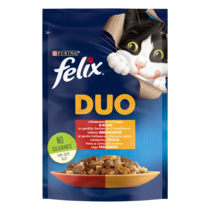 FELIX® DUO (Дуо). З яловичиною та птицею. Шматочки в желе. Консервований порційний повнораціонний корм для дорослих котів.