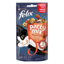 FELIX® PARTY MIX®. Гриль Мікс. Додатковий сухий корм (ласощі) для дорослих котів зі смаком курки, яловичини та лосося.