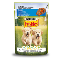 Friskies® Junior (Джуніор). З куркою та морквою. Шматочки у підливці. Консервований порційний повнораціонний корм для цуценят