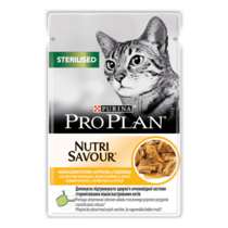 PRO PLAN® STERILISED NUTRISAVOUR®. Консервований порційний повнораціонний корм для дорослих стерилізованих котів, з куркою. Ш