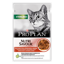 PRO PLAN® STERILISED NUTRISAVOUR®. Консервований порційний повнораціонний корм для дорослих стерилізованих котів, з яловичино