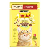 Friskies®. З яловичиною. Шматочки у підливці. Консервований порційний повнораціонний корм для дорослих котів.