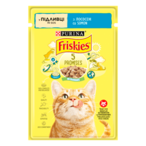 Friskies®. З лососем. Шматочки у підливці. Консервований порційний повнораціонний корм для дорослих котів.