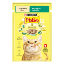 Friskies®. З качкою. Шматочки у підливці. Консервований порційний повнораціонний корм для дорослих котів.