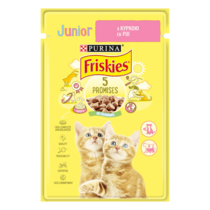 Friskies® Junior (Джуніор). З куркою. Шматочки у підливці. Консервований порційний повнораціонний корм для кошенят.