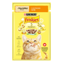 Friskies®. З куркою. Шматочки у підливці. Консервований порційний повнораціонний корм для дорослих котів.