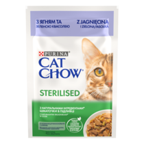 CAT CHOW® Консервований порційний повнораціонний корм для дорослих стерилізованих кішок/ кастрованих котів, з ягням та зелено
