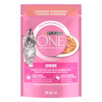 PURINA ONE® Junior (Джуніор). Шматочки в соусі. Консервований порційний повнораціонний корм для кошенят з лососем та морквою.