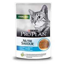 PRO PLAN® STERILISED NUTRISAVOUR®. Консервований порційний повнораціонний корм для дорослих стерилізованих котів, з тріскою. 