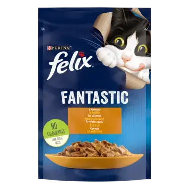FELIX® FANTASTIC. З куркою. Шматочки у желе. Консервований порційний повнораціонний корм для дорослих котів.