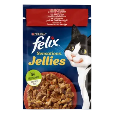 FELIX® SENSATIONS® JELLIES (Желе). З яловичиною в желе з томатами. Шматочки у желе. Консервований порційний повнораціонний ко