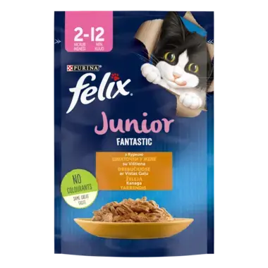 FELIX® FANTASTIC JUNIOR (Джуніор). З куркою. Шматочки у желе. Консервований порційний повнораціонний корм для кошенят.