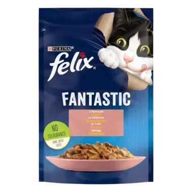 FELIX® FANTASTIC. З лососем. Шматочки у желе. Консервований порційний повнораціонний корм для дорослих котів.