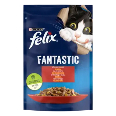 FELIX® FANTASTIC . З яловичиною в желе. Шматочки у желе. Консервований порційний повнораціонний корм для дорослих котів.