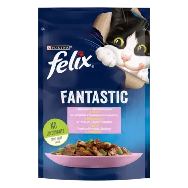 FELIX® FANTASTIC. З фореллю та зеленими бобами. Шматочки у желе. Консервований порційний повнораціонний корм для дорослих кот