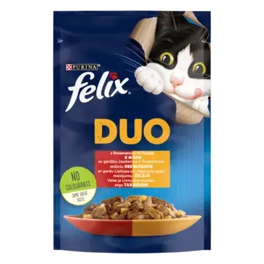 FELIX® DUO (Дуо). З яловичиною та птицею. Шматочки в желе. Консервований порційний повнораціонний корм для дорослих котів.