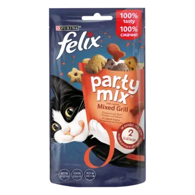 FELIX® PARTY MIX®. Гриль Мікс. Додатковий сухий корм (ласощі) для дорослих котів зі смаком курки, яловичини та лосося.