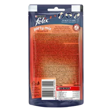 FELIX® PARTY MIX®. Гриль Мікс. Додатковий сухий корм (ласощі) для дорослих котів зі смаком курки, яловичини та лосося.