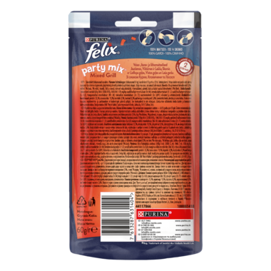 FELIX® PARTY MIX®. Гриль Мікс. Додатковий сухий корм (ласощі) для дорослих котів зі смаком курки, яловичини та лосося.
