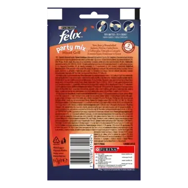 FELIX® PARTY MIX®. Гриль Мікс. Додатковий сухий корм (ласощі) для дорослих котів зі смаком курки, яловичини та лосося.