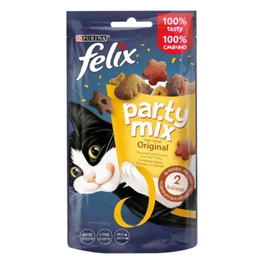FELIX® PARTY MIX® Оріджинал Мікс. Додатковий сухий корм (ласощі) для дорослих котів зі смаком курки, печінки та індички.