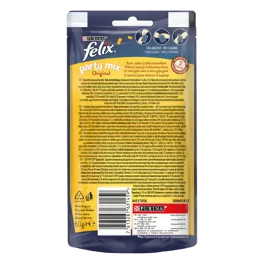 FELIX® PARTY MIX® Оріджинал Мікс. Додатковий сухий корм (ласощі) для дорослих котів зі смаком курки, печінки та індички.
